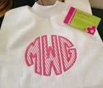 White pop-over bib with seersucker monogram