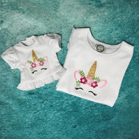 Unicorn with a golden horn shirt for little girl and/or her doll